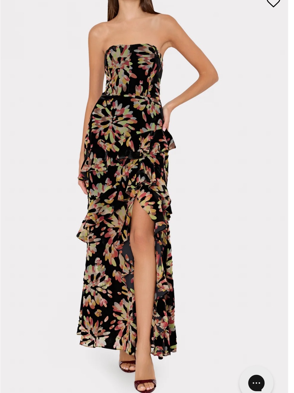 Strapless Black Floral Ruffle Maxi Dress
